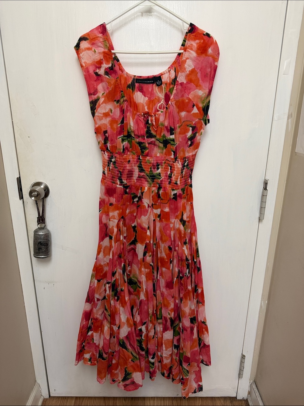 Grace Elements Floral Scoop Neck Pink & Orange Midi Dress
